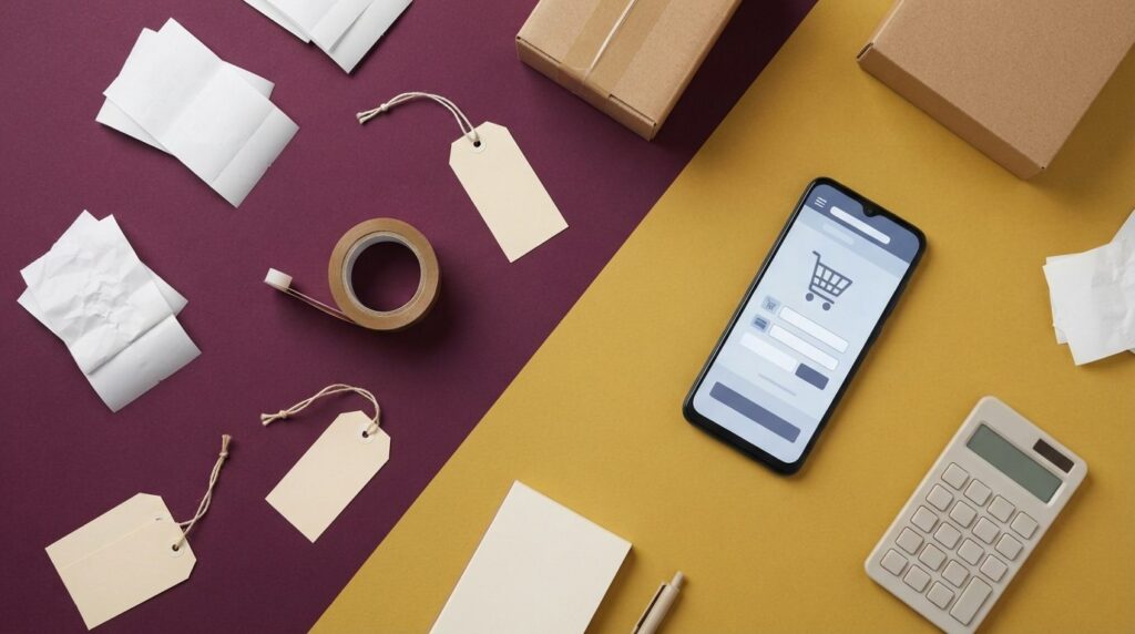 Kassebon, prismærker, pakketape og telefon med betalingsside på plum- og sennepsgul baggrund.