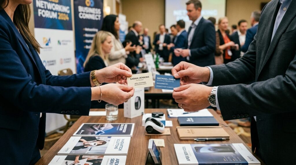 Close-up of hands exchanging business cards across a desk du