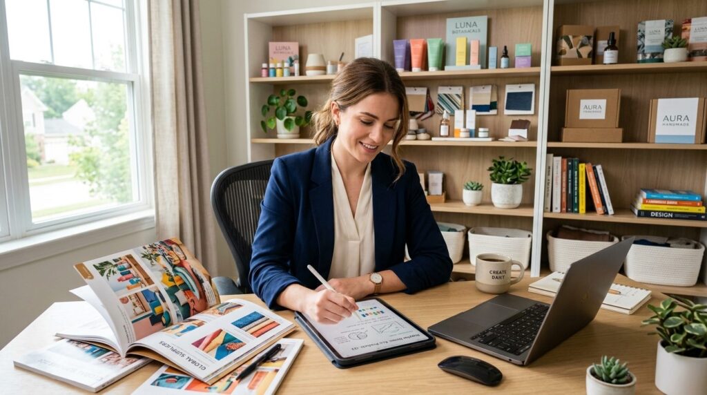 Female e-commerce entrepreneur working at her desk, reviewin