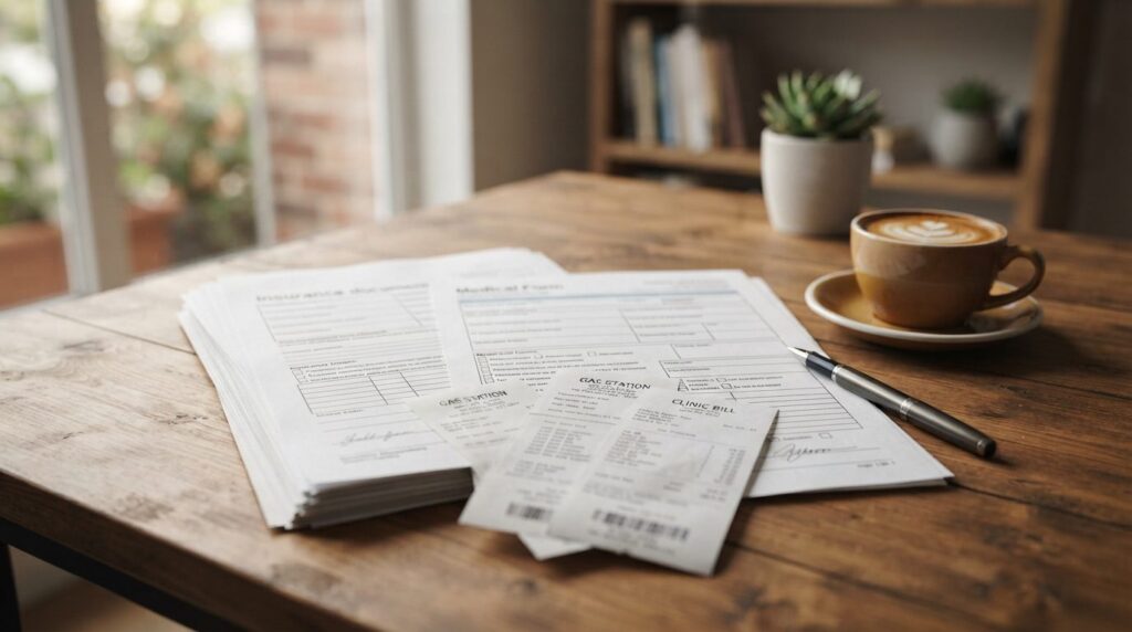 Close-up realistic photograph of car insurance documents, me