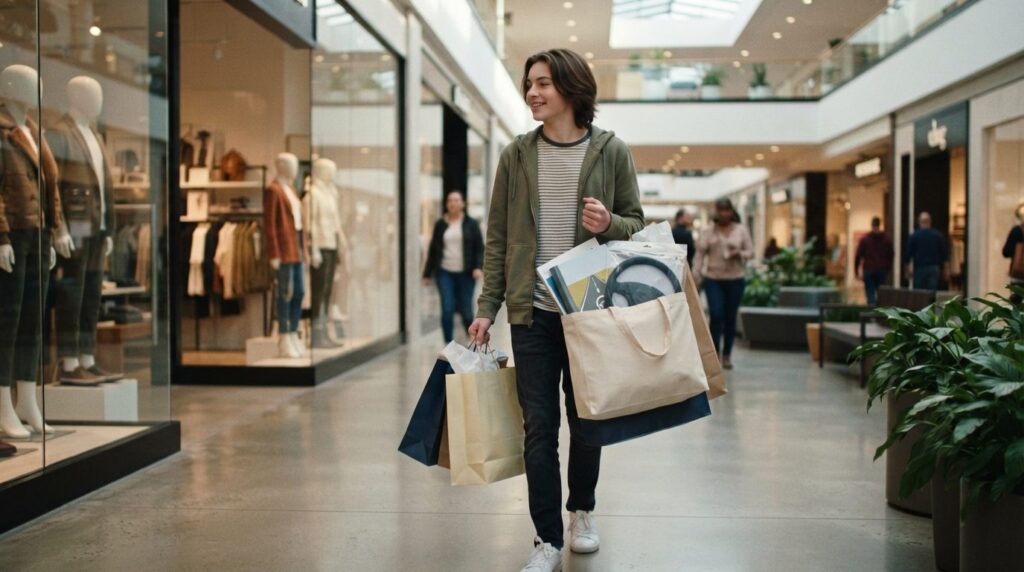 Shopping scene photograph showing young adult holding multip