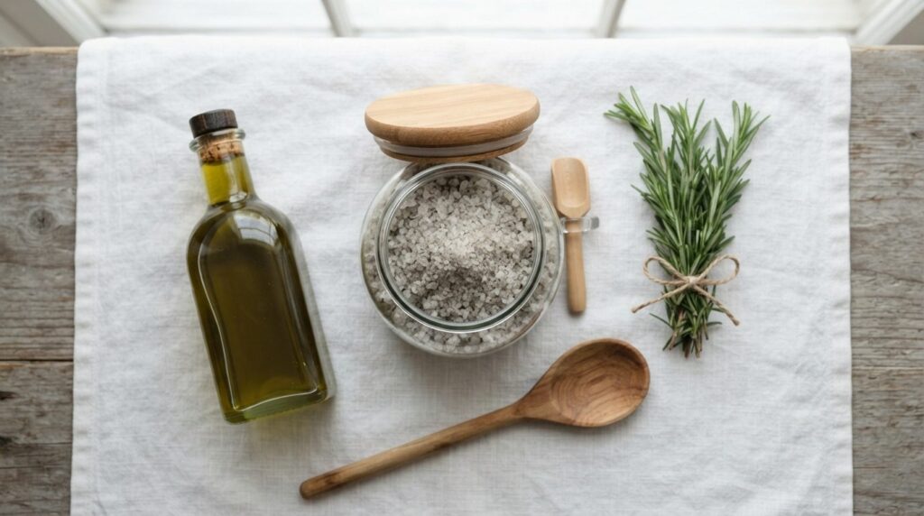 Overhead flat lay of gourmet cooking gift items including pr