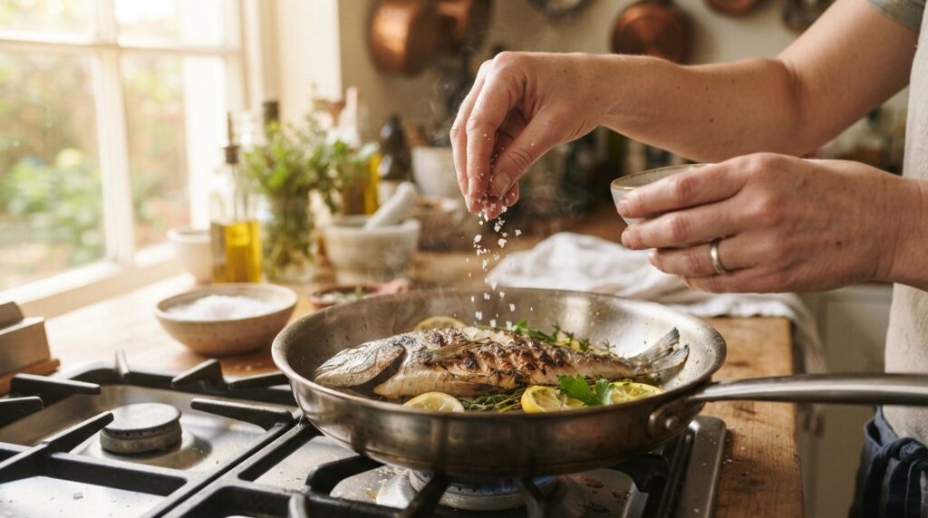 Candid kitchen scene showing hands of food enthusiast season