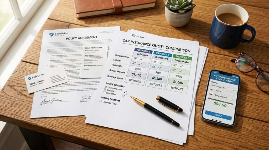 Close-up overhead flat lay of car insurance documents, compa