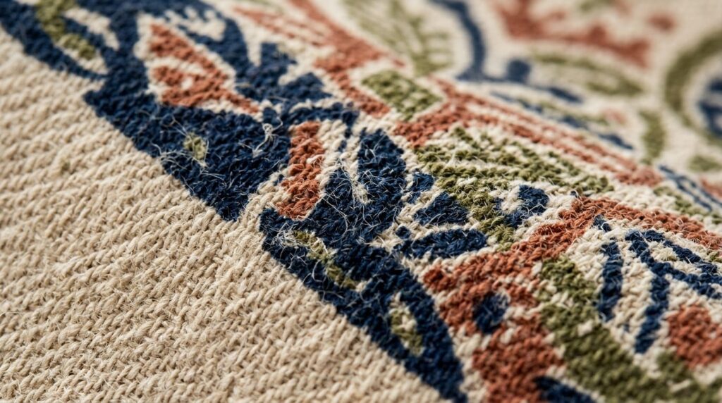 Close-up macro photography of cotton fabric texture with pri