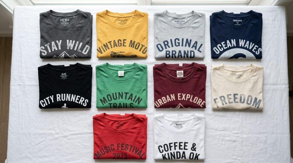 Flat lay overhead shot of folded printed t-shirts in various
