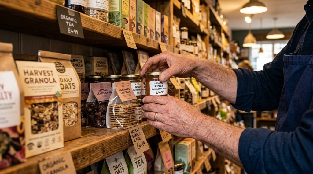 Close-up stock photo of a store owners hands selecting and 