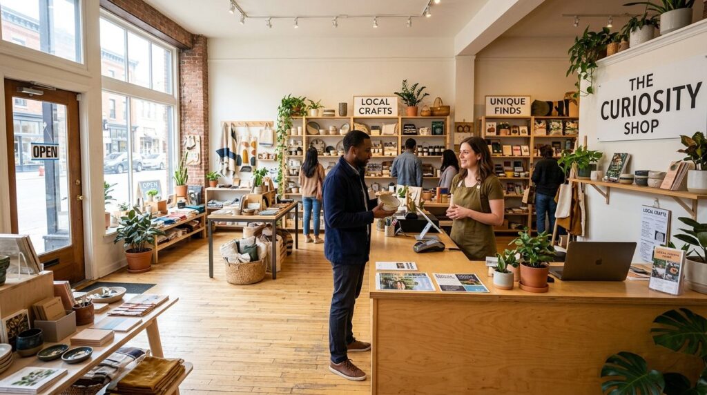 Wide angle photograph of a small independent retail store in