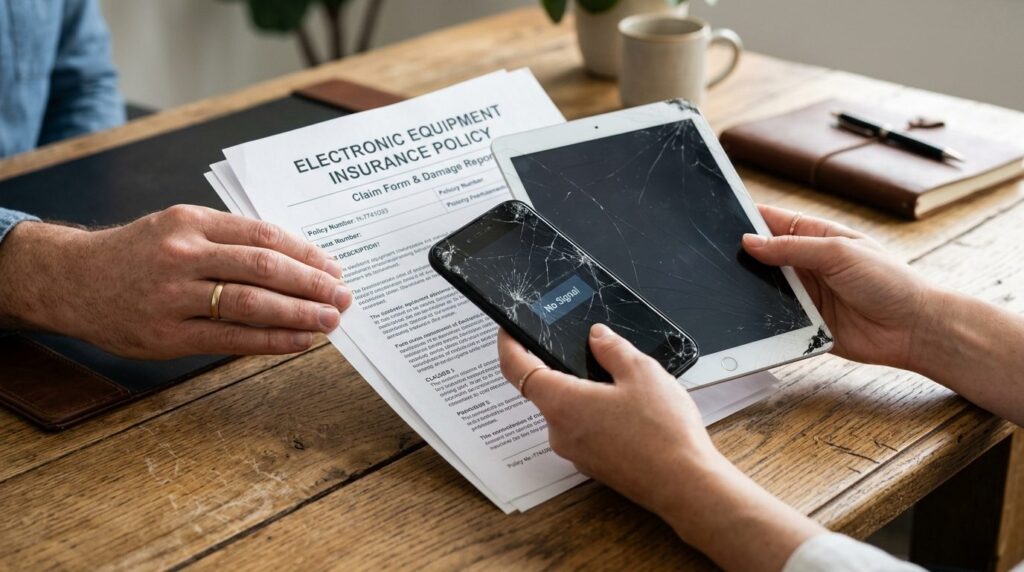 Close-up of hands holding damaged electronics and insurance