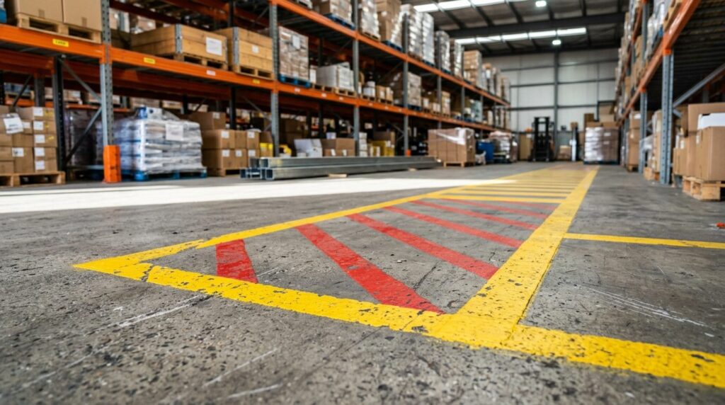 Close-up detail shot of yellow and red floor markings on con