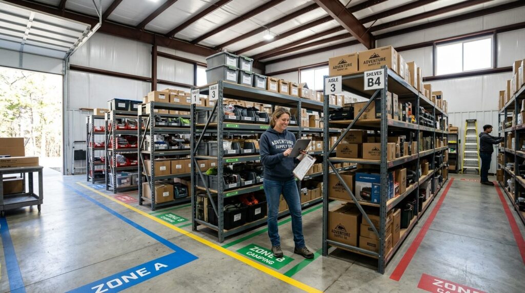 Wide angle interior shot of a transformed garage-turned-ware