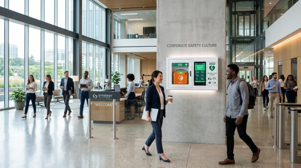 Bright modern workplace lobby with diverse employees walking