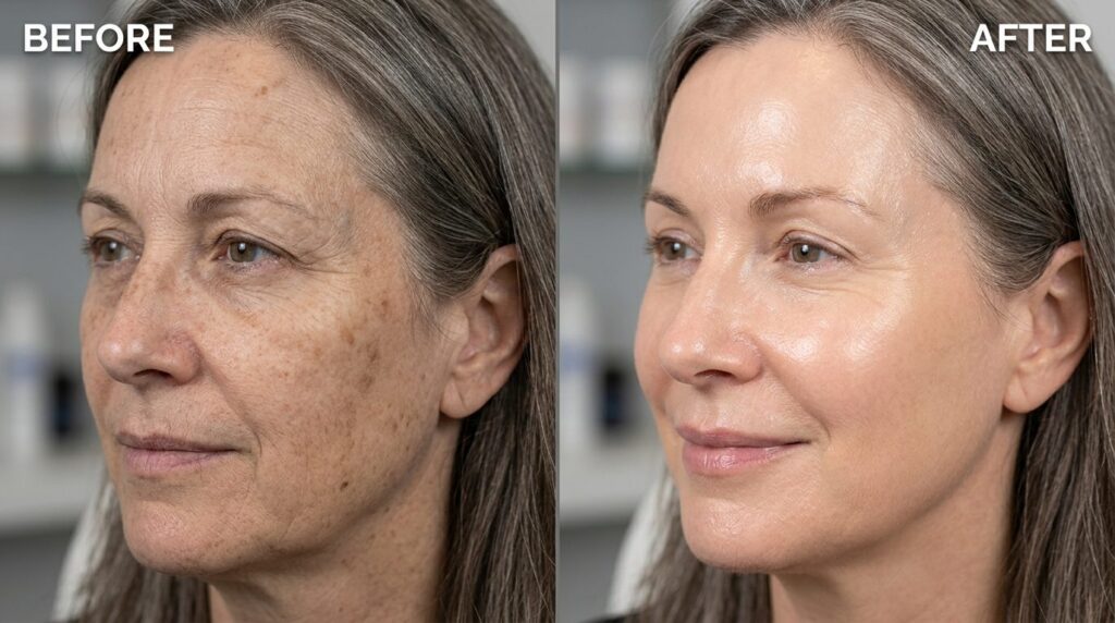 Before and after split-screen comparison of skin rejuvenatio