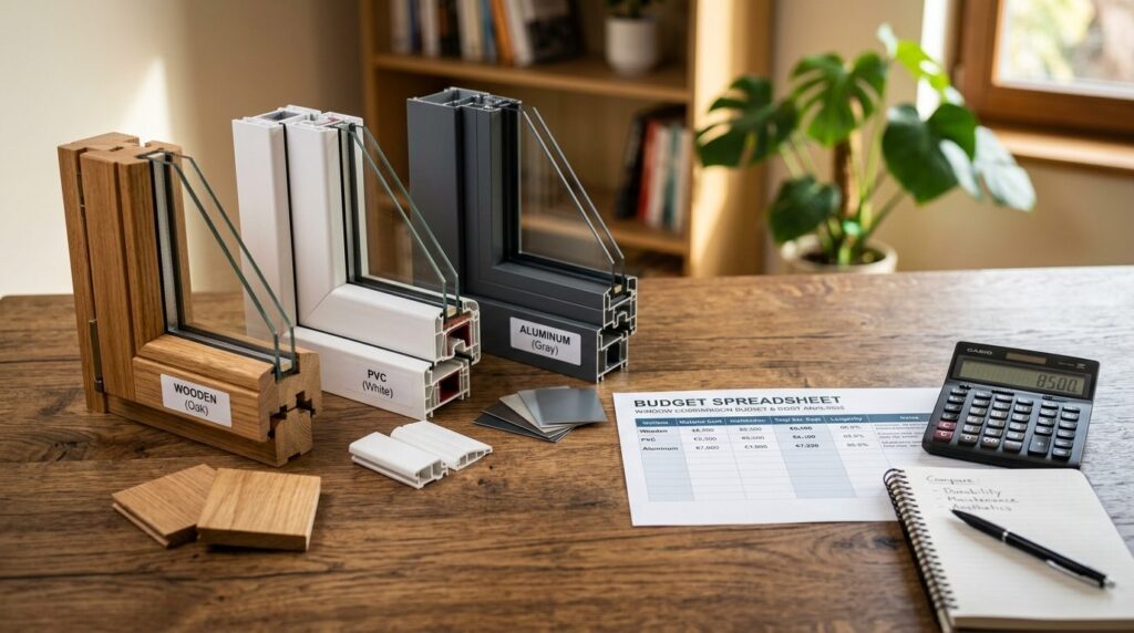 Close-up product photography of window frame samples and mat