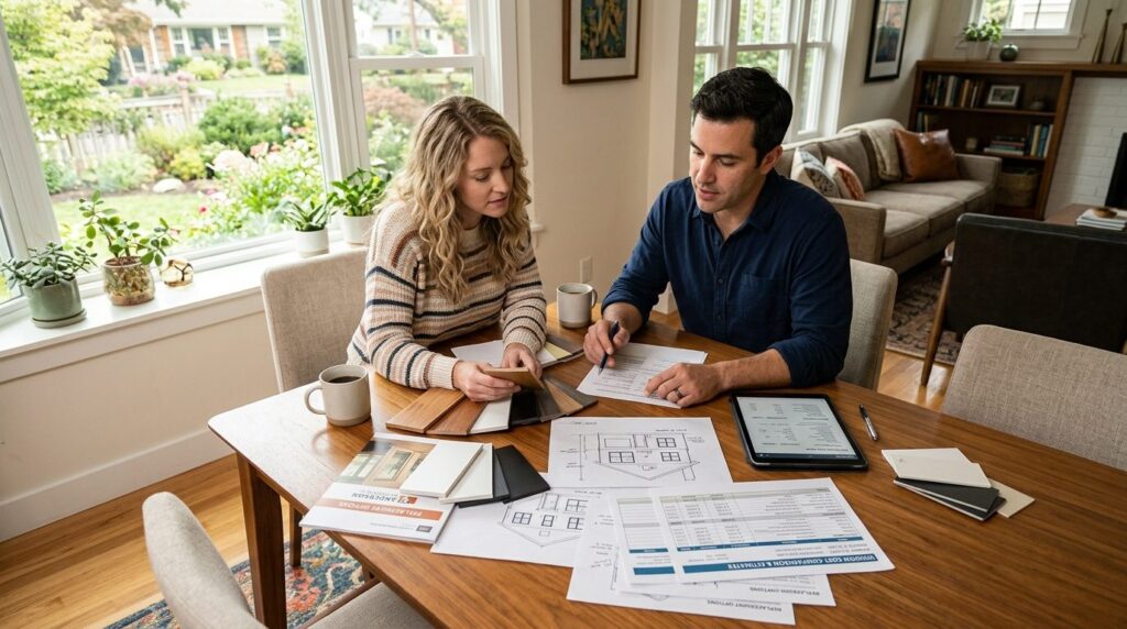 Overhead view of a homeowner couple reviewing window options