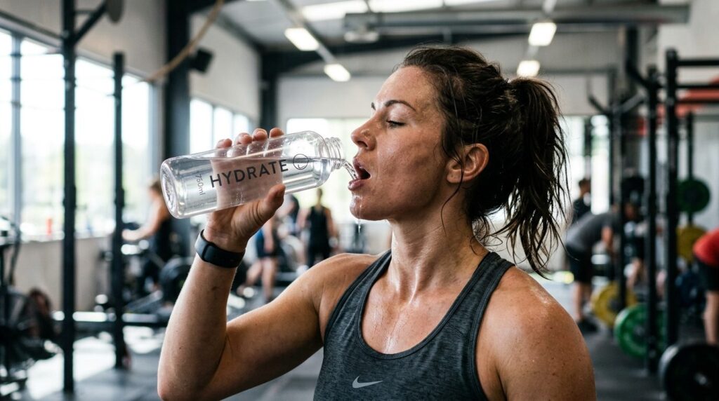 Close-up of a fit athlete drinking water from a bottle durin