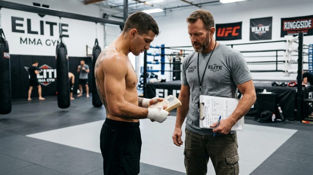 MMA fighter preparing for weigh-in, checking body compositio