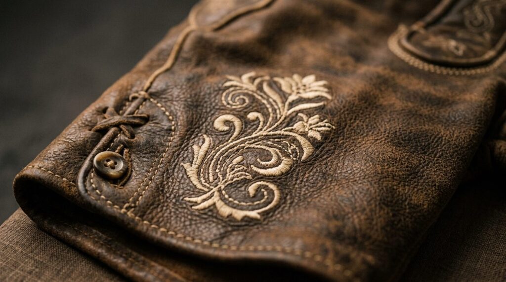 Close-up detail shot of genuine leather lederhosen fabric, s