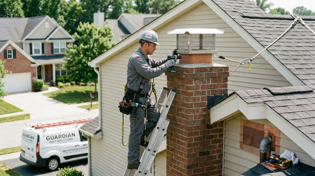 Professional tradesman or pest control expert in protective