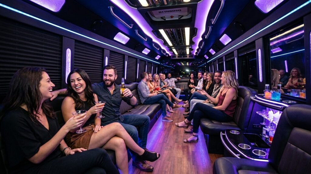 Close-up interior shot of a spacious party bus cabin showing