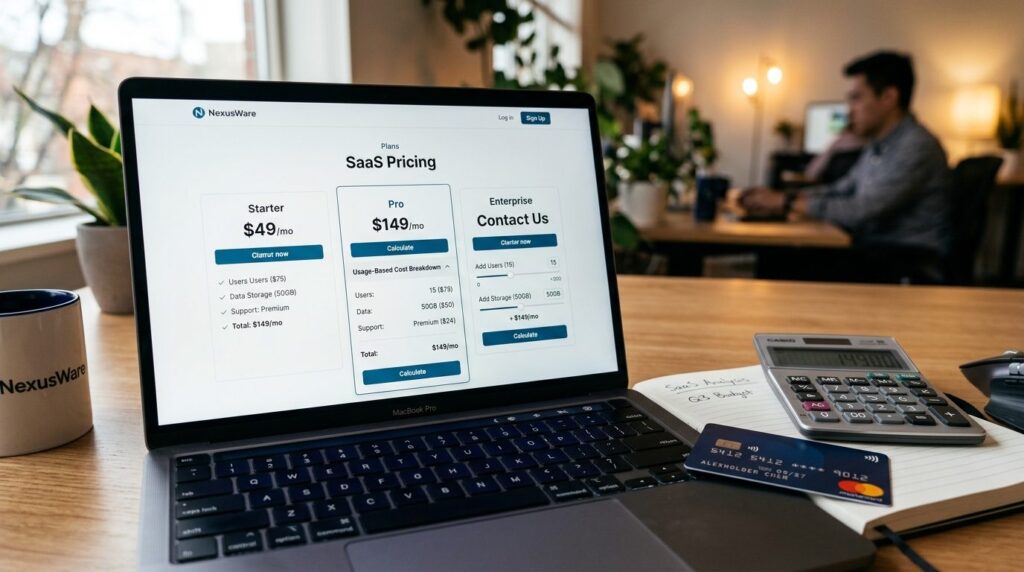 Close-up of computer screen showing SaaS pricing table with 