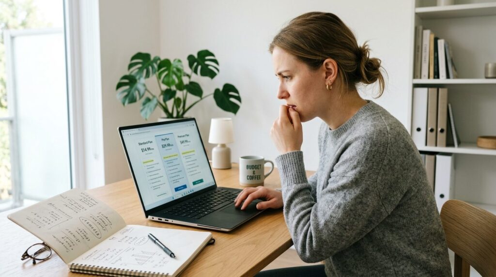 Woman sitting at desk comparing multiple digital service sub
