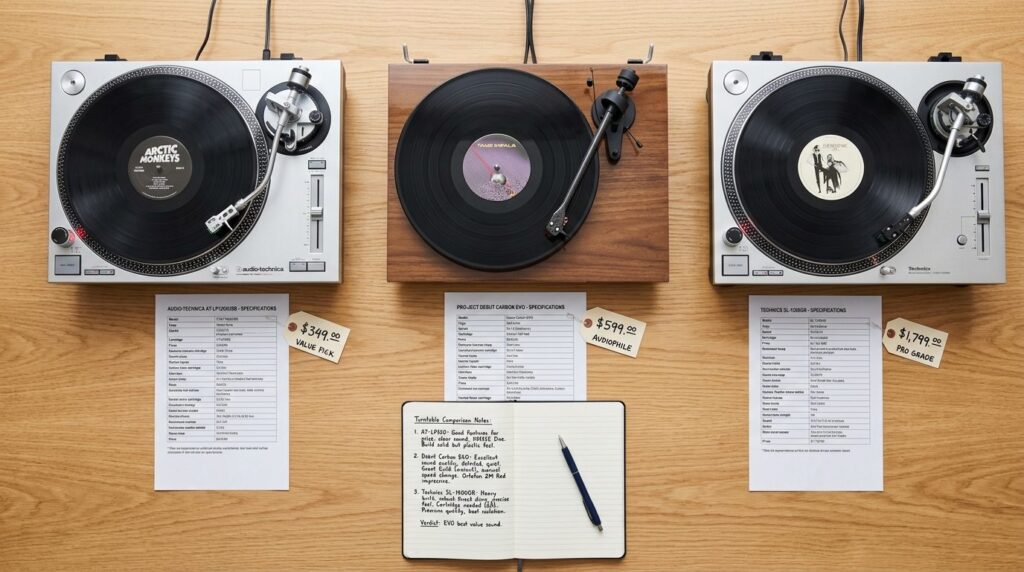 Detailed overhead flat-lay photograph of turntable buying co