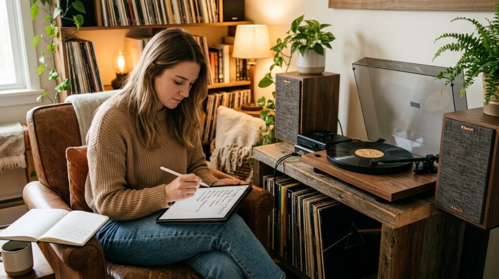 Cinematic lifestyle shot of a beginner vinyl enthusiast in a