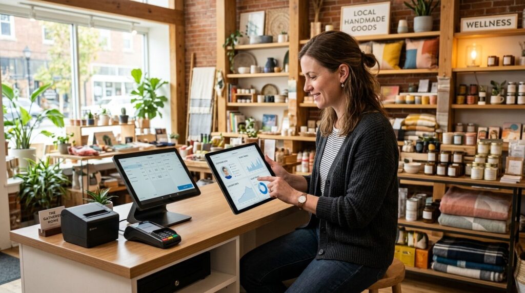 Photorealistic image of a small retail shop interior with ow