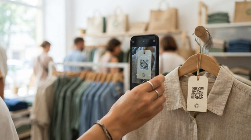 Close-up shot of a customers hand scanning a QR code on a c