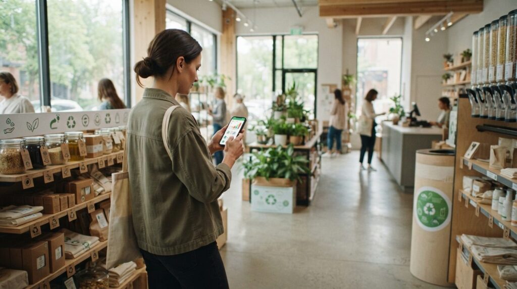 Wide-angle shot of a modern eco-conscious shopping experienc