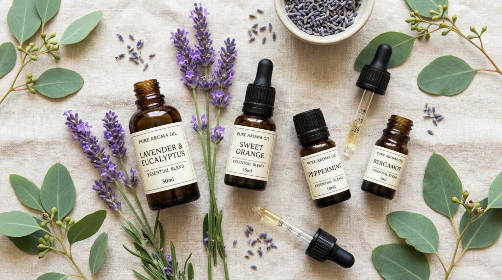 Close-up flat lay of multipurpose aroma oil bottles in vario