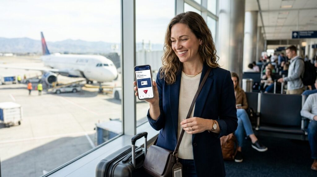 Photorealistic stock image, 16:9 format: Smiling woman at ai
