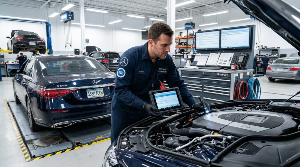 Professional automotive inspection scene: qualified mechanic