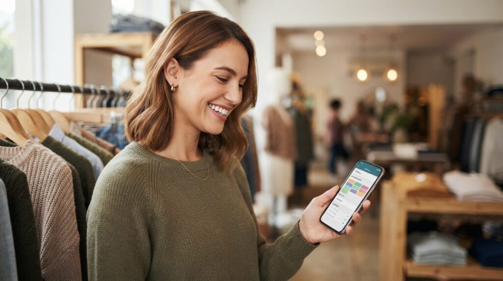 Close-up of a female retail employee checking her smartphone