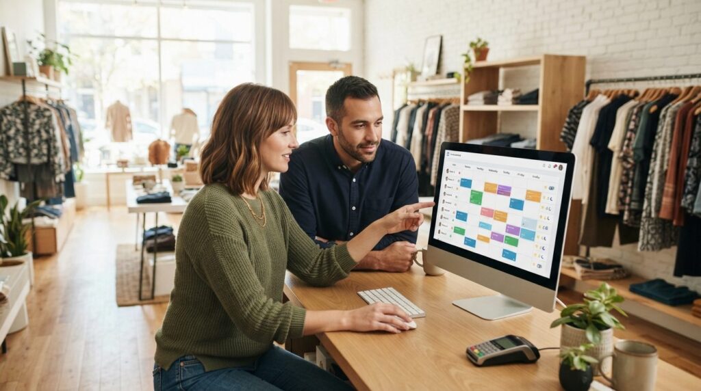 Two retail shop owners, male and female, reviewing a digital