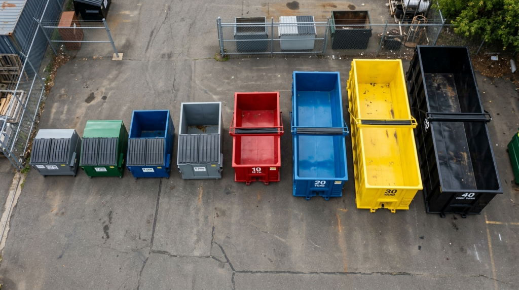 Close-up overhead view of various sizes of rental waste cont