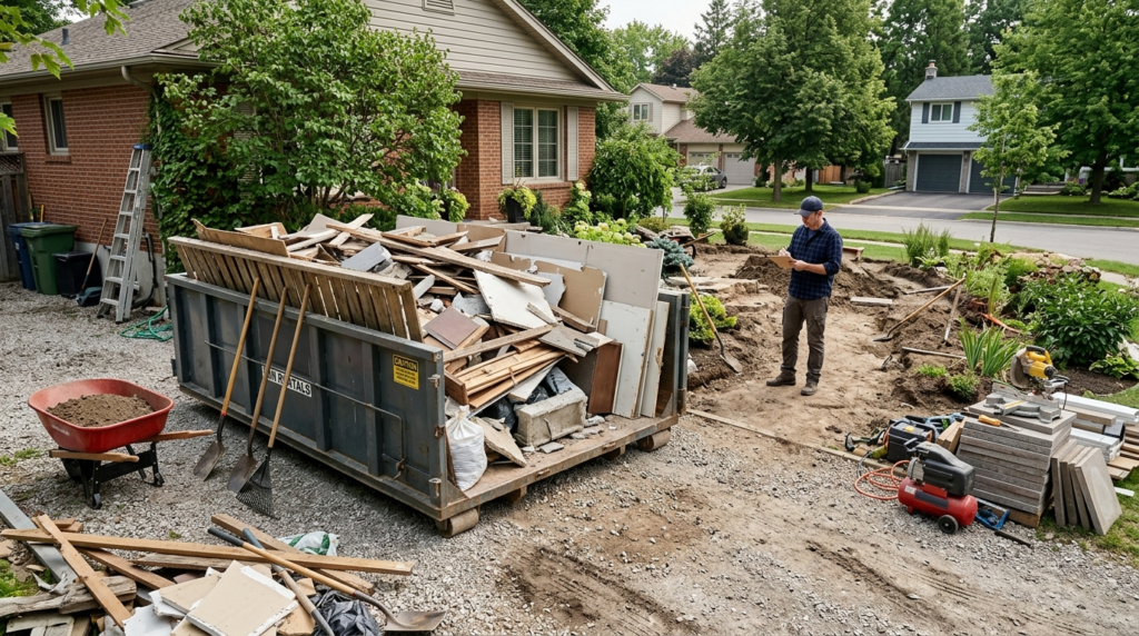 Realistic scene of a residential garden renovation in progre