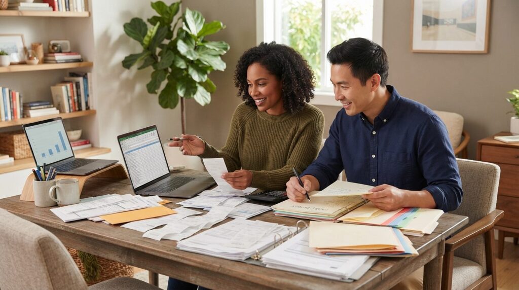 Stock photo of a diverse couple organizing paperwork and rec