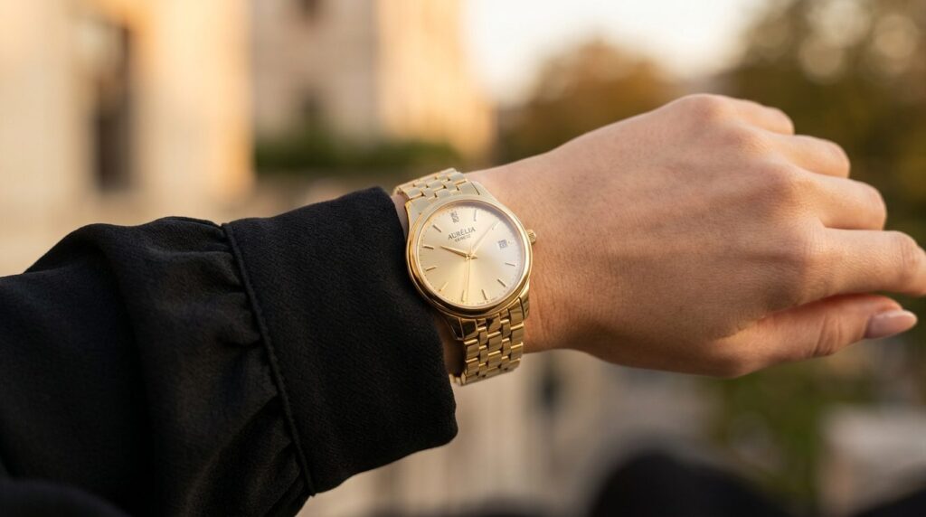 Close-up detail shot of a luxury gold womens watch with subt
