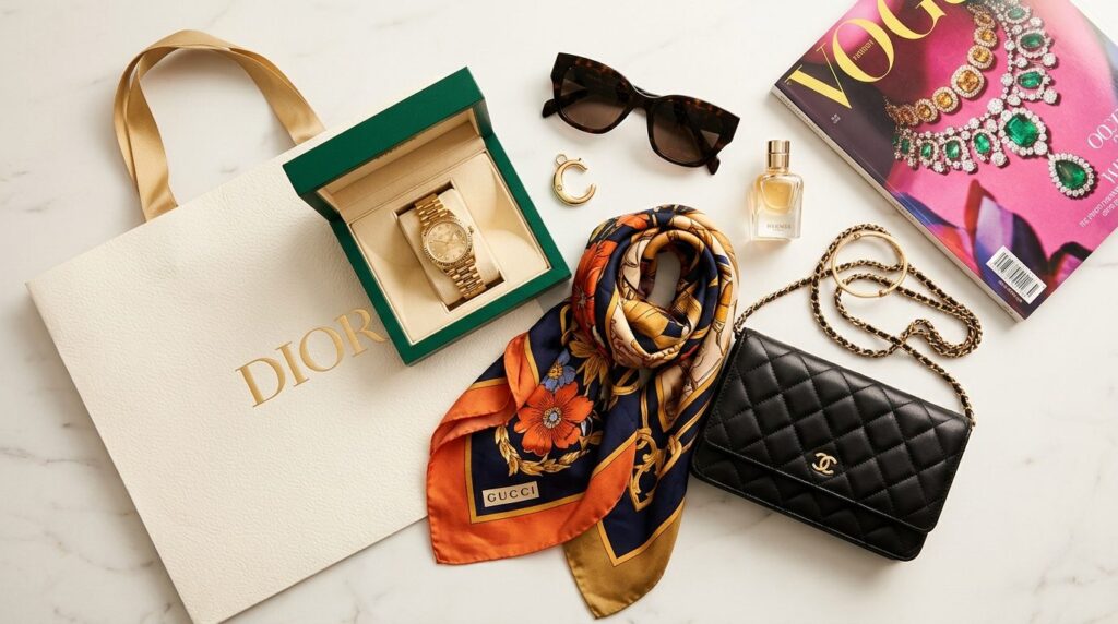 Overhead flat lay styling of a gold womens watch placed on a