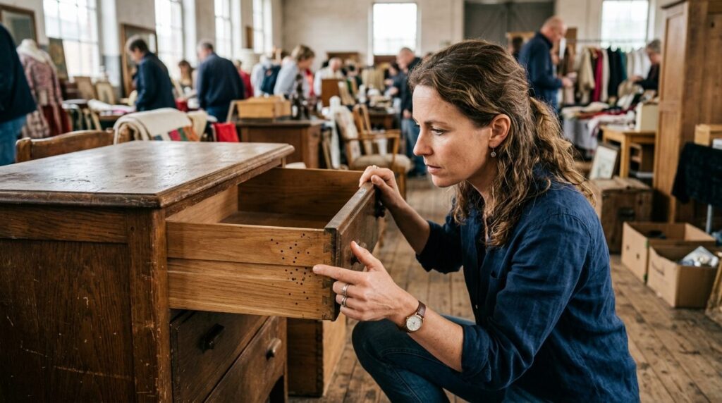 Woman carefully inspecting vintage wooden furniture at a fle