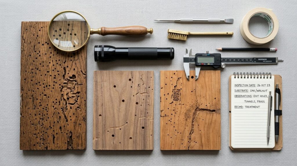 Detailed flat lay of furniture inspection tools including ma