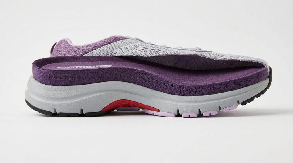 Close-up detail shot of womens shoe sole and cushioning tec