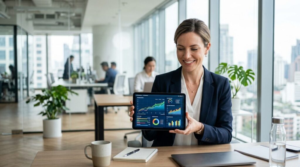 Photorealistic stock photo, 16:9 format: A professional woma