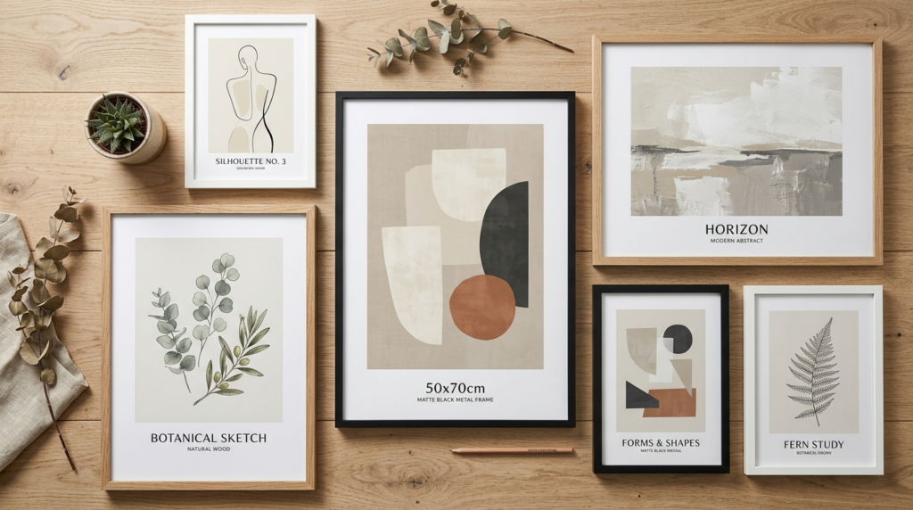Close-up flat lay photography of various poster frames and p