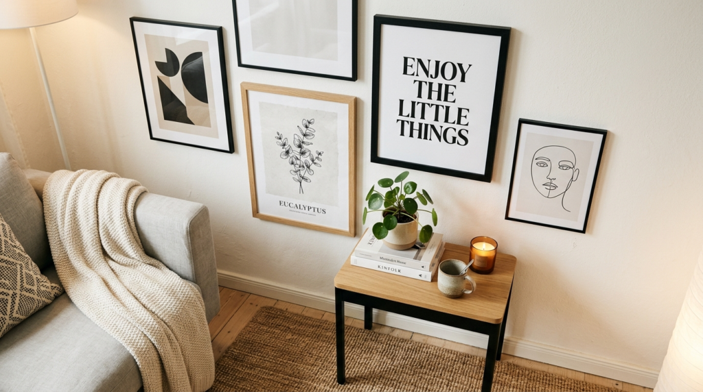 Overhead lifestyle shot of a living room corner showing a ga