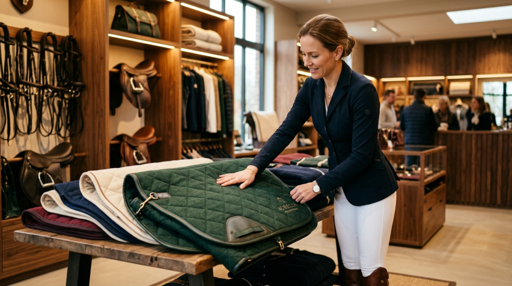 Luxury equestrian shopping moment: Affluent female rider exa
