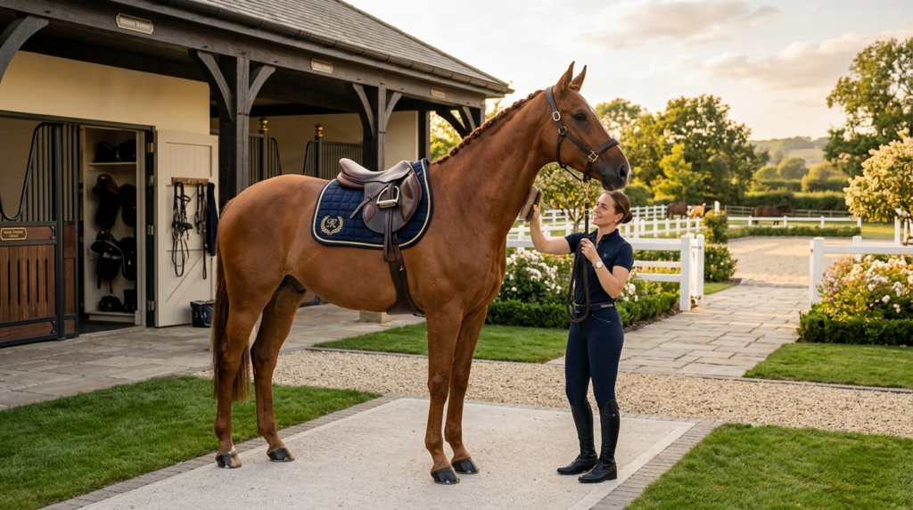 Premium horse care lifestyle: Beautiful chestnut horse weari