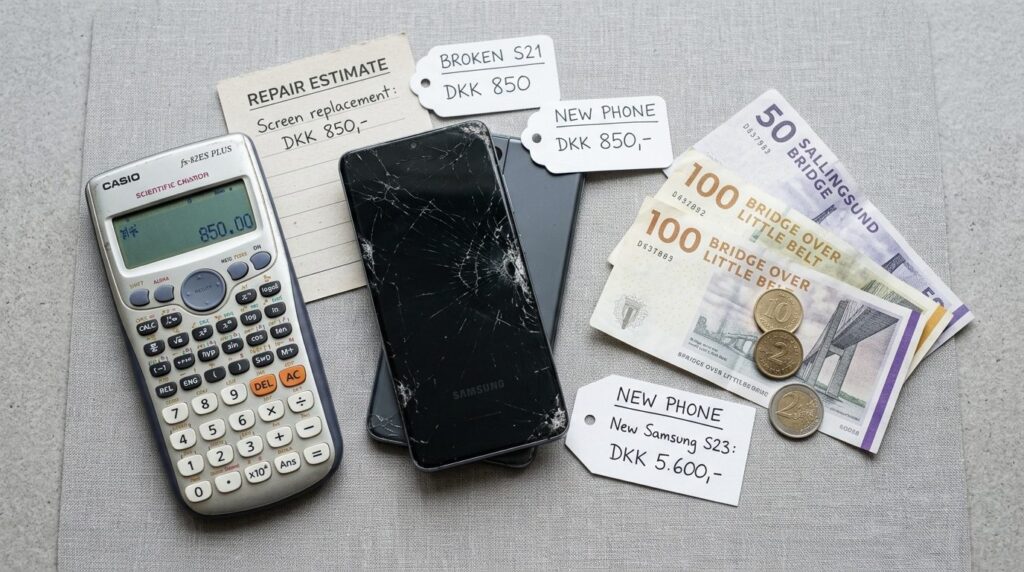 Close-up flatlay composition showing a broken Samsung phone
